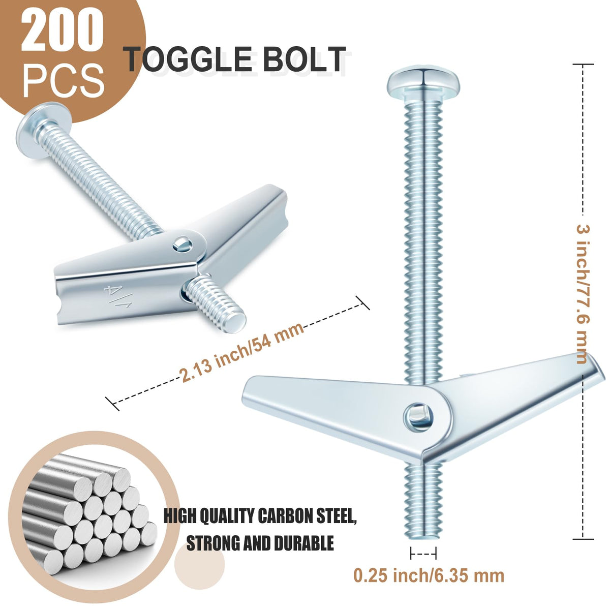 200 Pcs 1/4" X 3" Toggle Bolts and Wing Nut Wall Anchor for Drywall