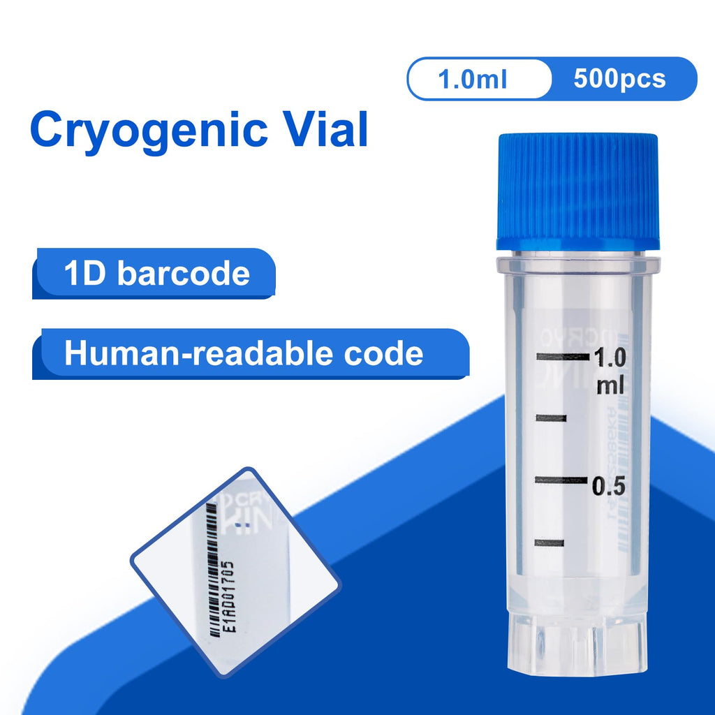 1.0ml Cryovials, 500Pcs Cryotubes with Side Barcode, Sterilisation Vials with External Thread, Sample Tubes with