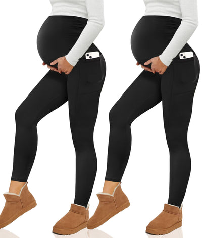 2 Pack Maternity Fleece Lined Leggings with Pockets for Winter