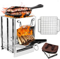 Camping Wood Burning Stove with Grill, Collapsible Backpacking Survival Rocket Stove Stainless Steel Campfire Stove