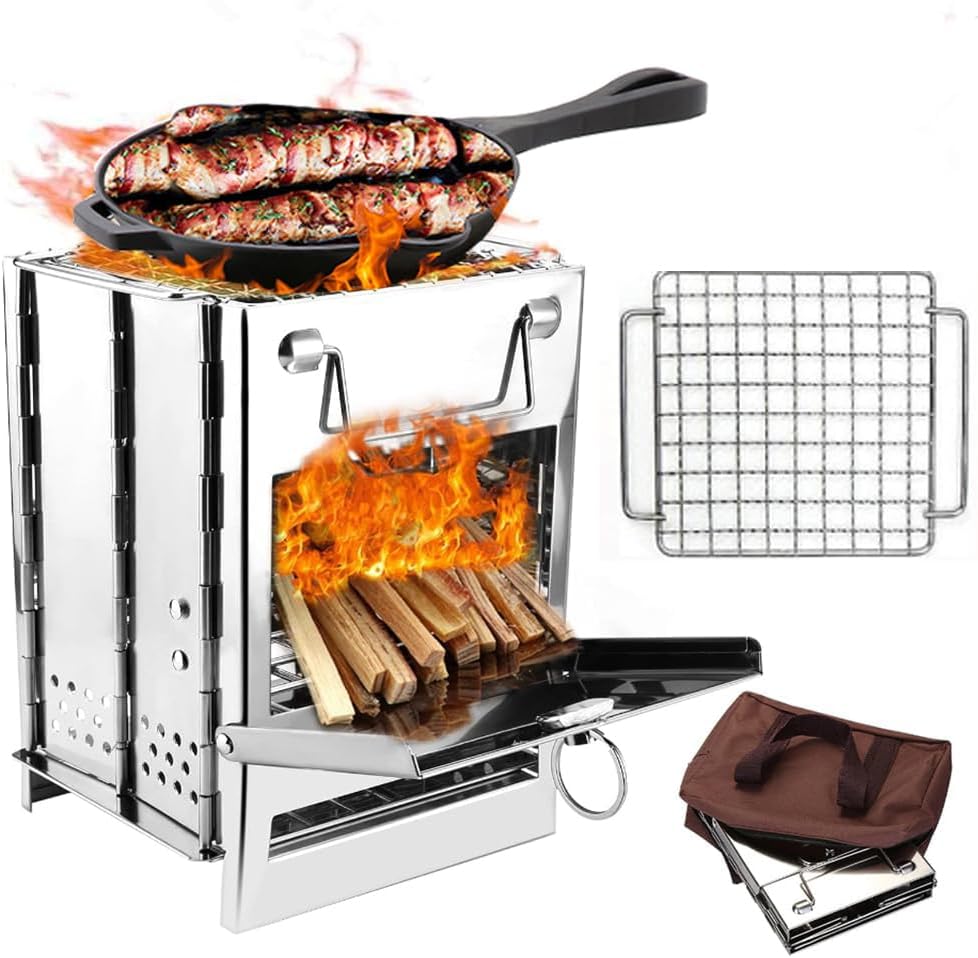 Camping Wood Burning Stove with Grill, Collapsible Backpacking Survival Rocket Stove Stainless Steel Campfire Stove