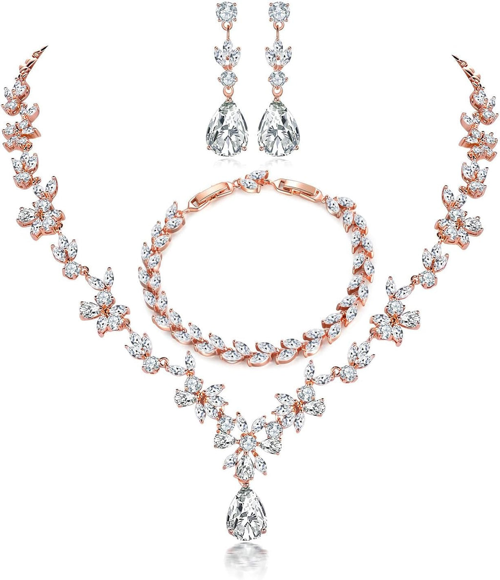 Jewelry Set for Women, Necklace Dangle Earrings Bracelet Set with White AAA Cubic Zirconia, Allergy Free Wedding