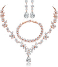 Jewelry Set for Women, Necklace Dangle Earrings Bracelet Set with White AAA Cubic Zirconia, Allergy Free Wedding