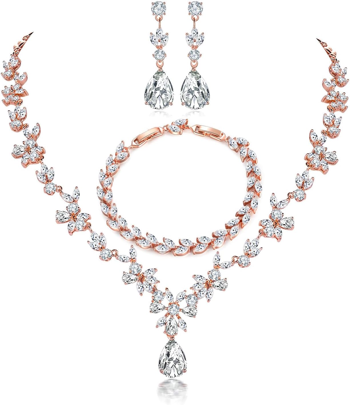 Jewelry Set for Women, Necklace Dangle Earrings Bracelet Set with White AAA Cubic Zirconia, Allergy Free Wedding