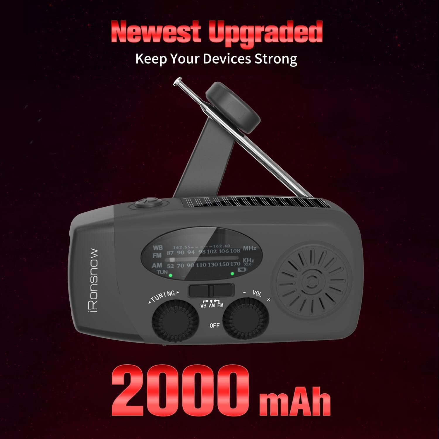 Solar Emergency Hand Crank Weather Radio, 2000mAh NOAA AM/FM | Portable Self Powered Radios with SOS Alarm LED