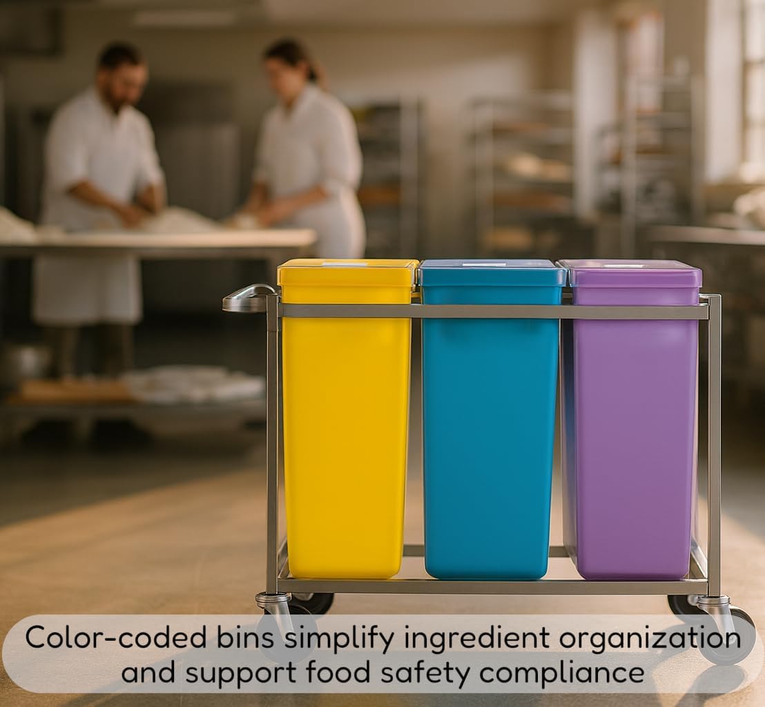 30-Gallon Mobile Triple Ingredient Bin with 3 Clear 24 oz Scoops – Three Color-Coded Containers on Casters for