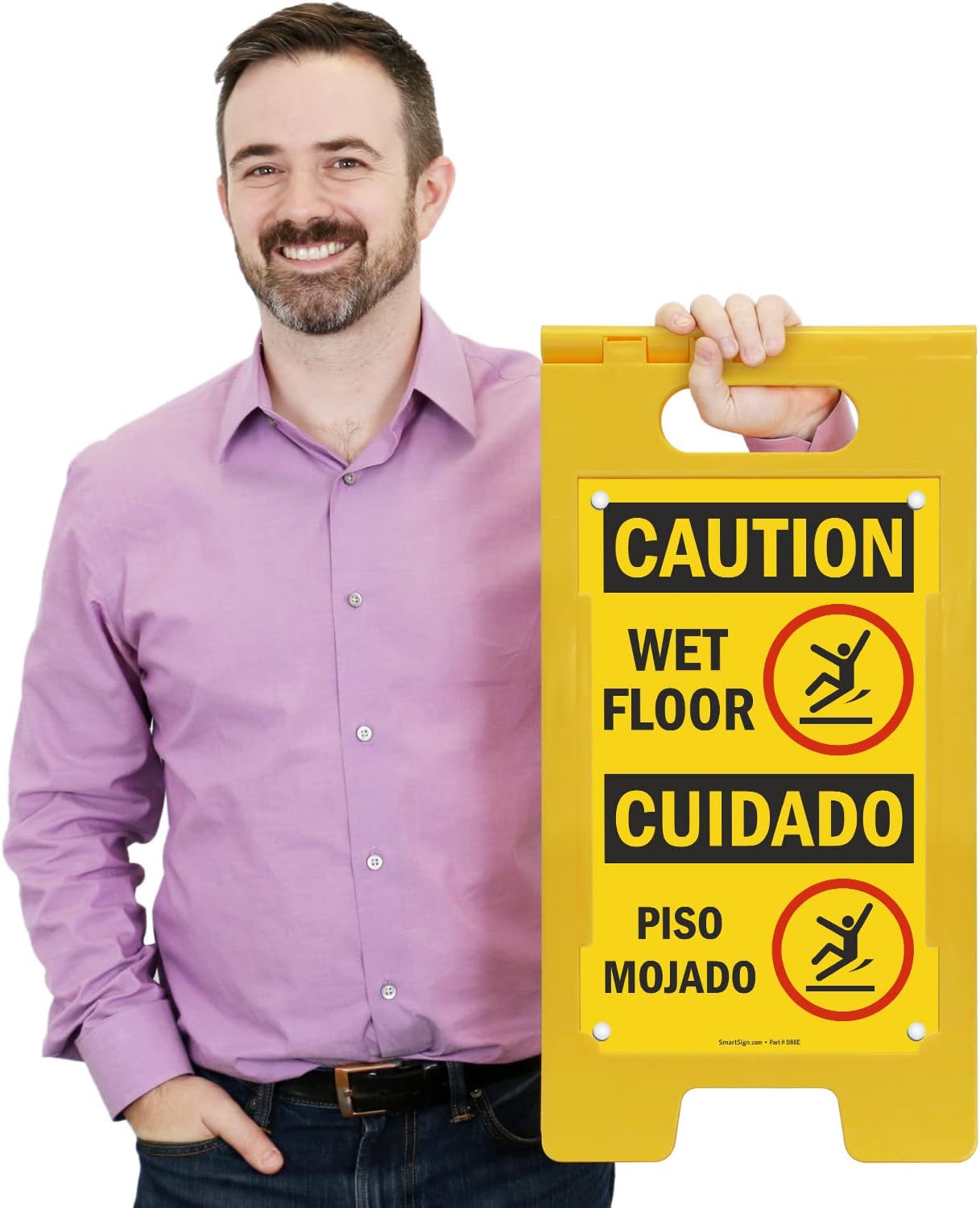 Caution Wet Floor Sign - Bilingual, Cuidadao Piso Mojada, 25 x 12 inch, Standing/Folding Floor Sign, Double-Sided