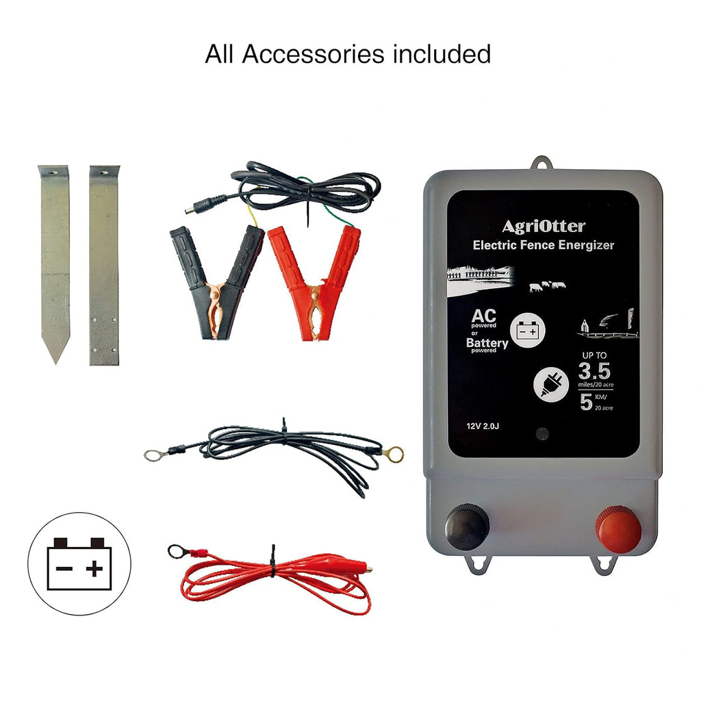 Electric Fence Energizer 20 Acre 2 in 1 Powered by Battery or AC Outlet 10000V 2J Pulse Electric