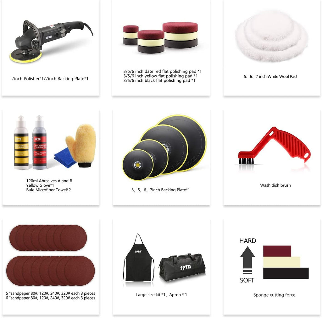 Buffer Polisher, SPTA 7 Inch 180mm Rotary Polisher Car Polisher Electric Polisher RO Polisher & Polishing Pads Set