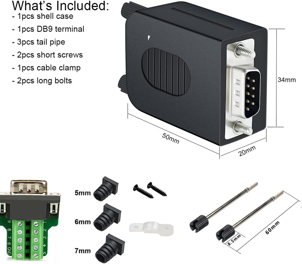 DTech DB9 Breakout Connector, Male RS232 Serial Adapter, Solderless Module Board with Screw Terminals, Case, Long Bolts, Tail Pipes