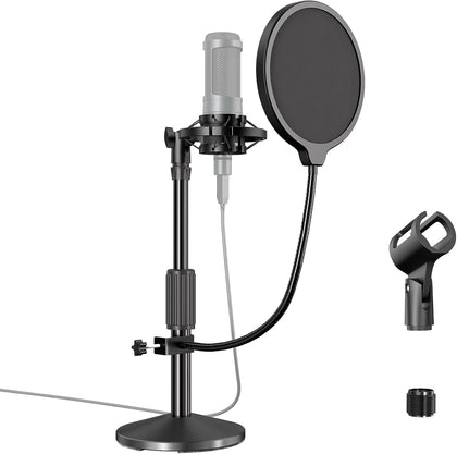 Desktop Microphone Stand,Adjustable Height Mic Stand with Pop Filter Shock Mount Mic Clip 3/8" to 5/8"