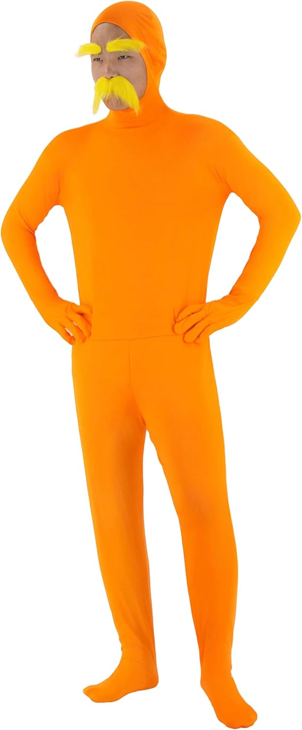Orange Halloween Costume Adult Open Face Bodysuit | with Yellow Mustache Eyebrows Adult Open Face Bodysuit Men Women