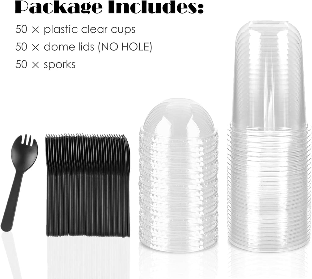 50 Pack 16 oz Plastic Dessert Cups with Dome Lids and Sporks