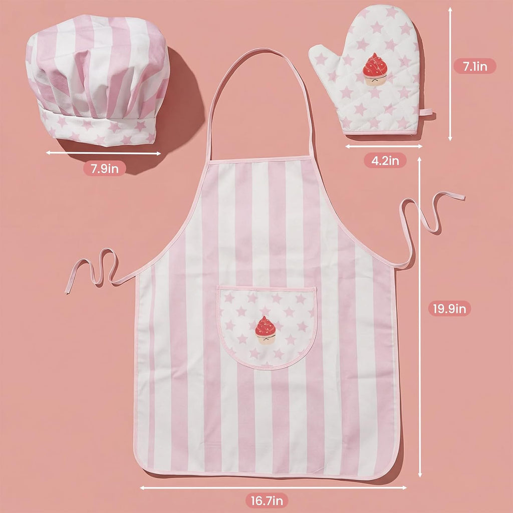 Kid Apron and Chef Hat Set, 3 Pcs Children Cooking Baking Set Kits Role Play Chef Toy Kid Cooking Gift for Girls Boys