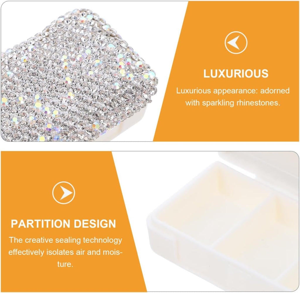 Bling Rhinestone Pill Organizer Case Portable Waterproof Small Pill Container with Multiple Compartments for Travel