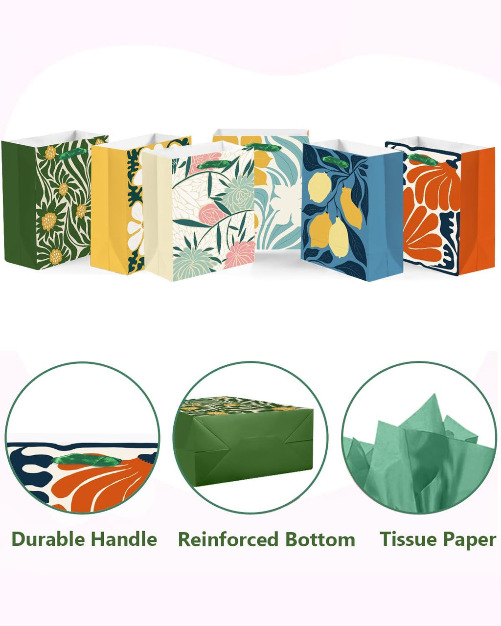 7.9"x4.3"x9.6" 6PCS Clash Flowers Paper Gift Bags with Tissue Paper Handles Medium Size Bags（ Tissue Paper ）