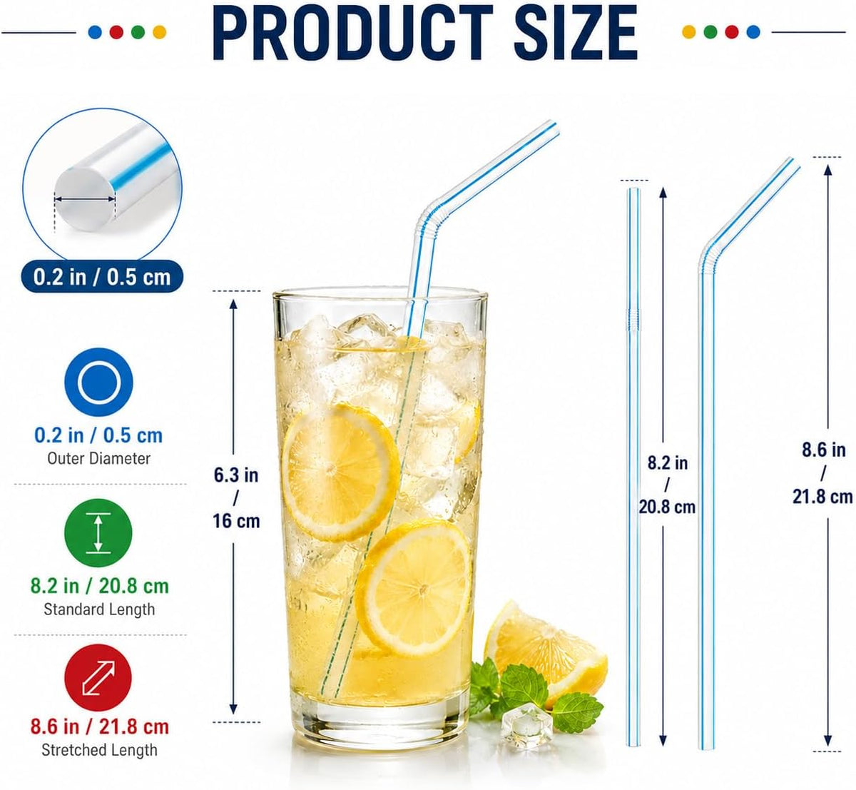 [600 Pack] 8" Flexible Plastic Straws, Bendable Disposable Drinking Straws