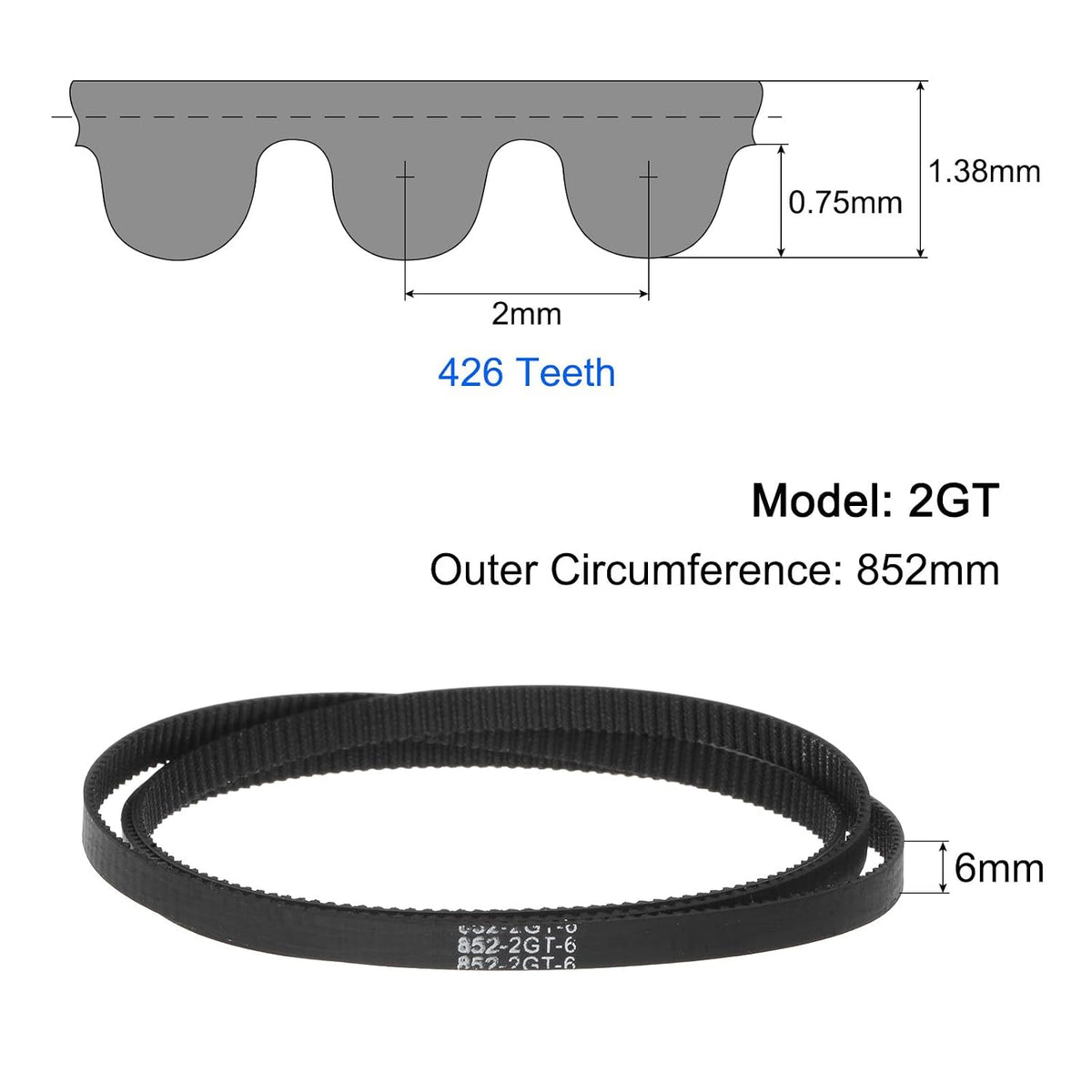 uxcell 2pcs 2GT Timing Belt Closed Loop Rubber Belts 852-2GT-6, 6mm Width x 852mm Length, 3D Printer Timing Belt