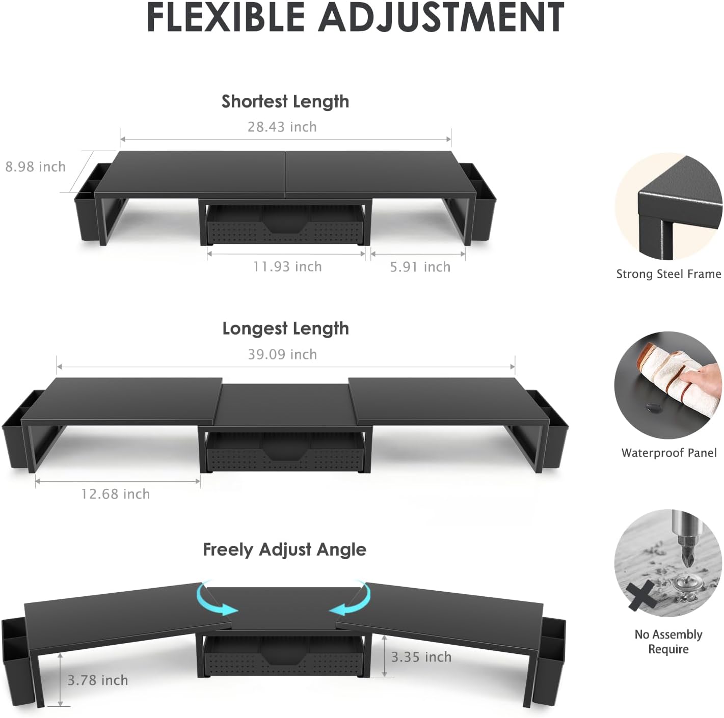 Desk Organizers and Accessories, Dual Monitor Stand Riser with Drawer and 2 Pen Holders, Desk Shelf Metal Computer