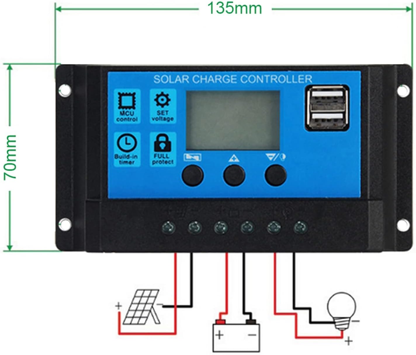 Solar Charge Controller, 12V-24V MPPT PWM Battery Controller with LCD Display, 40A Dual USB