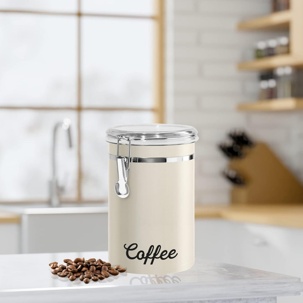 Stainless Steel Coffee Canister 62 fl oz - Airtight Clamp Lid, Warm Gray, Tinted See-Thru Top - Ideal for Coffee Bean