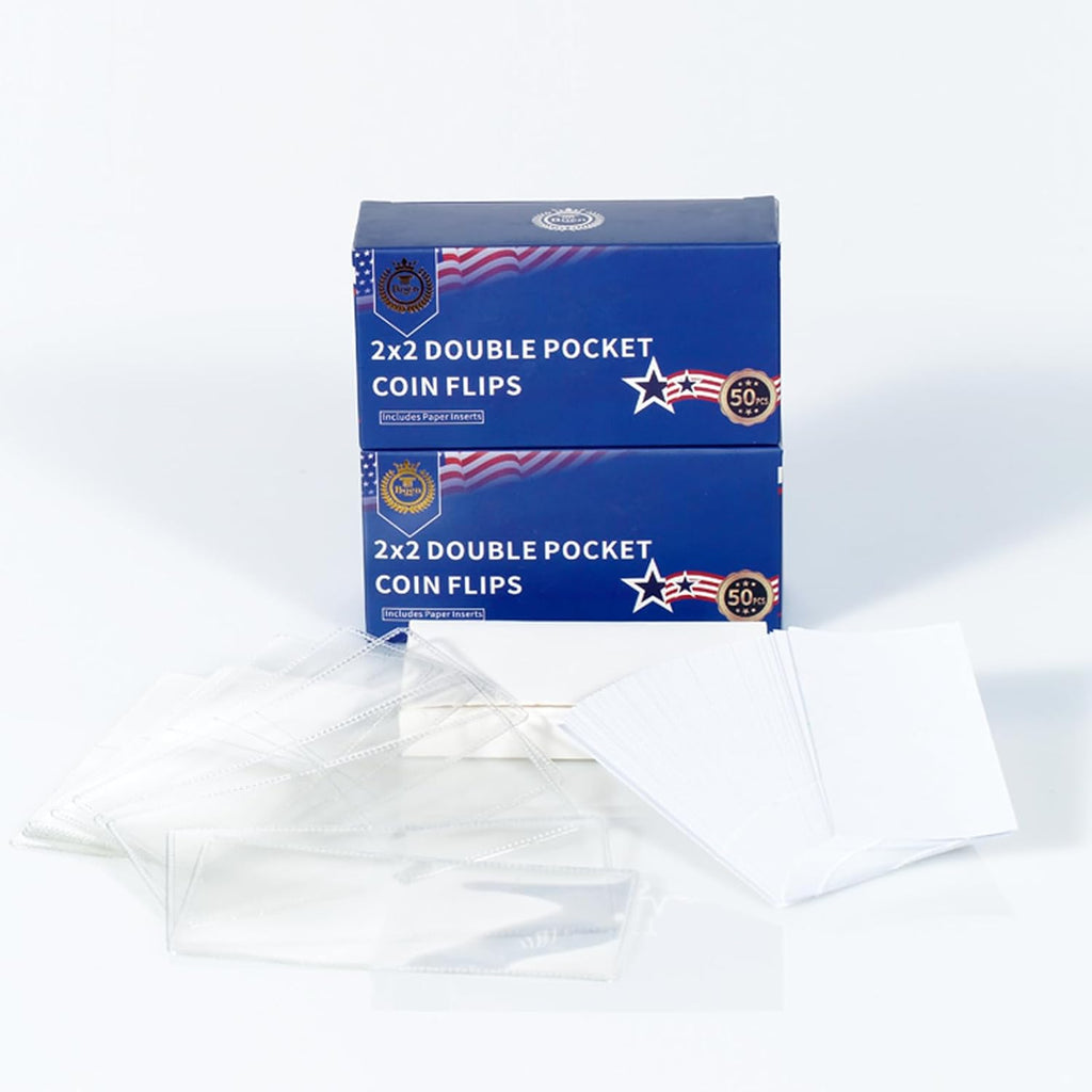 100 Pcs 2x2 Double Pocket Coin Flips with Paper Inserts | 200 Pockets Clear PVC Storage Coin Sleeves, Holders for