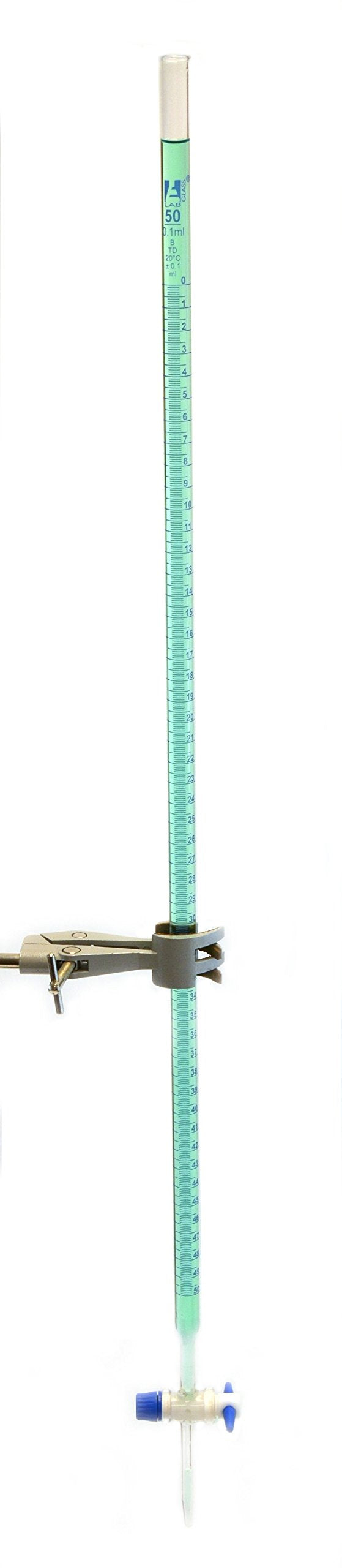 Burette, 50mL - Class B - with PTFE Stopcock - Blue Graduations - Borosilicate Glass