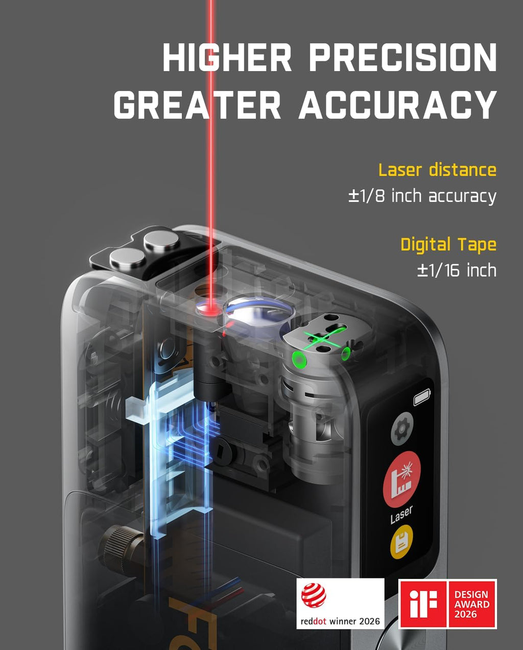A10 Apex 3-in-1 Digital Laser Tape Measure with HD Color Display, 165Ft Rechargeable Laser Measurement & 32Ft Green