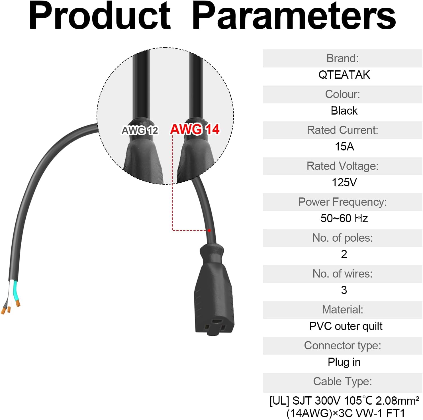 50cm Female Connector Extension Cord 125V 15A 2-Pole 3-Wire Female Straight Blade Outlet with AWG14 Cable, Includes 5