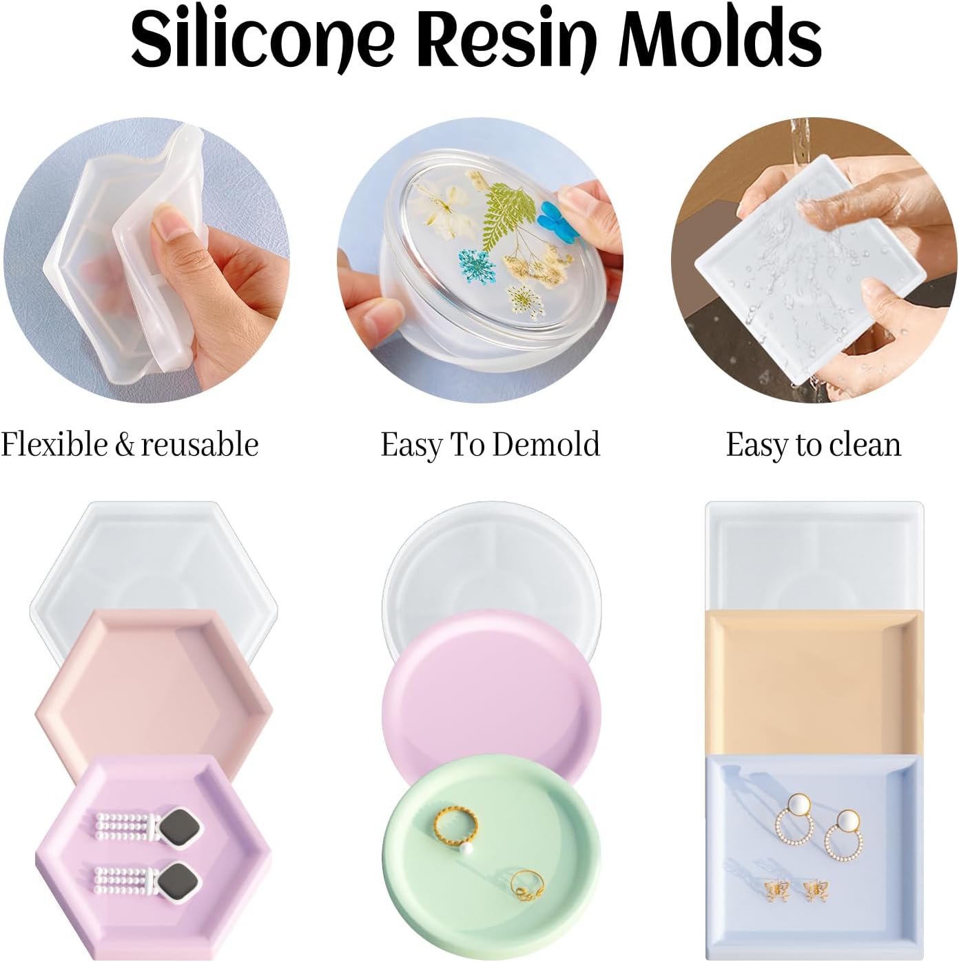 3.2" Small Resin Coaster Molds for Epoxy Resin, Round Square Hexagon Soap Dish Silicone Molds for Art Crafts, Trinket