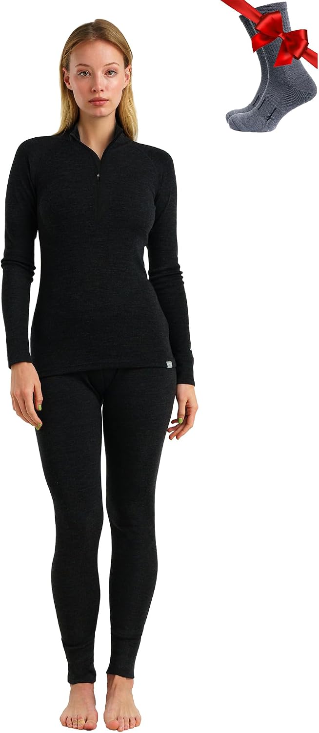 100% Merino Wool Base Layer Women Set - Thermal Underwear Women Top, Bottom | Lightweight, Midweight, Heavyweight