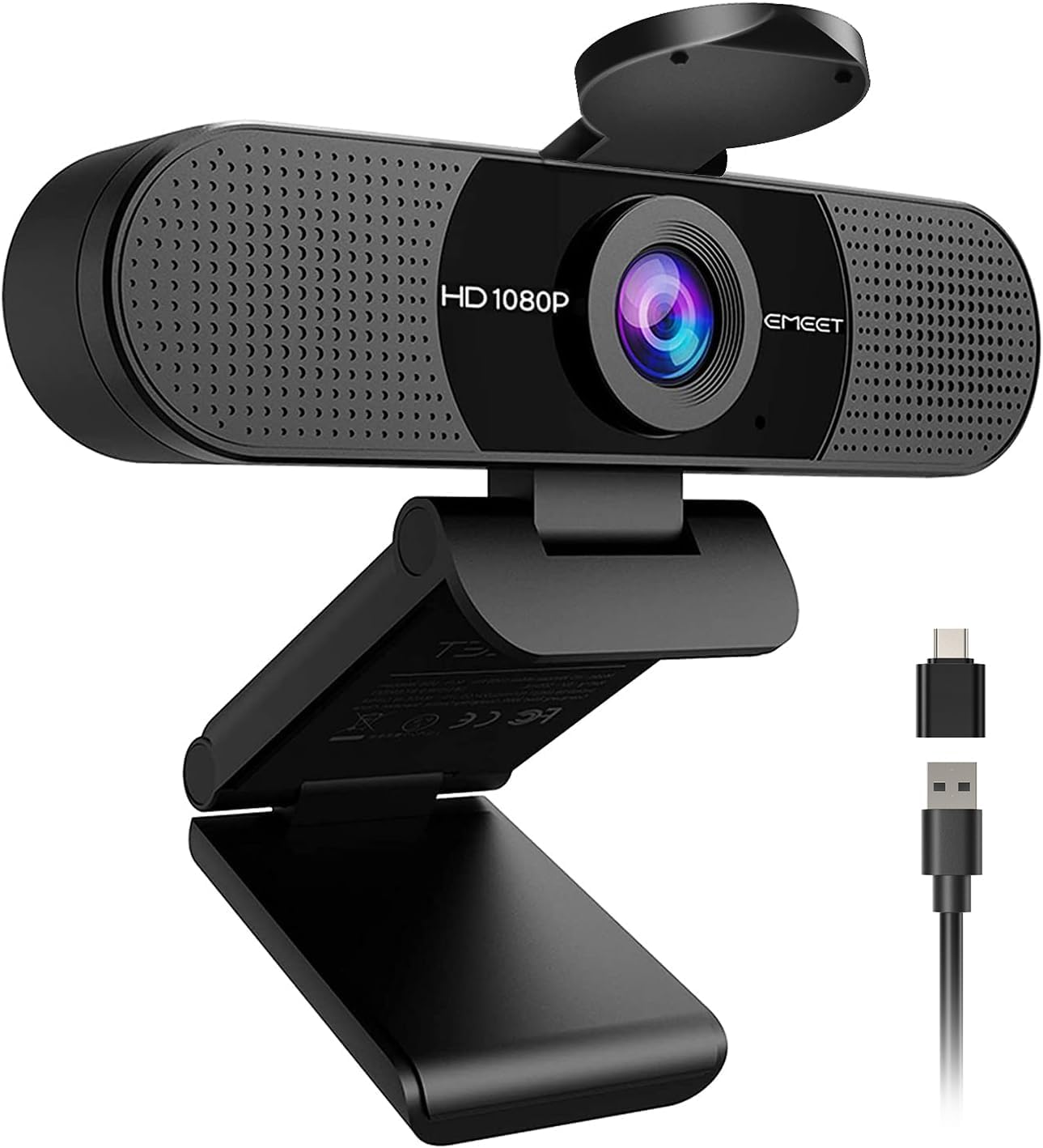 C960 1080P Webcam with Microphone, 2 Mics, 90° FOV, USB Type-A & A-to-C Adapter, Fixed Focus, Plug&Play Computer