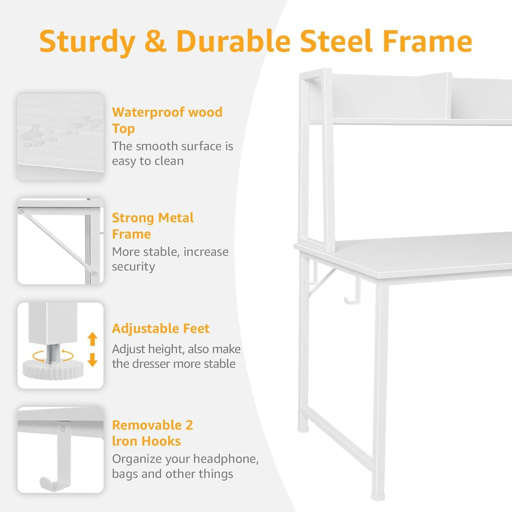 White Computer Desk with Hutch & Drawers - 47 Inch Modern Study Writing Office Desk with 3 Storage Drawers and Power