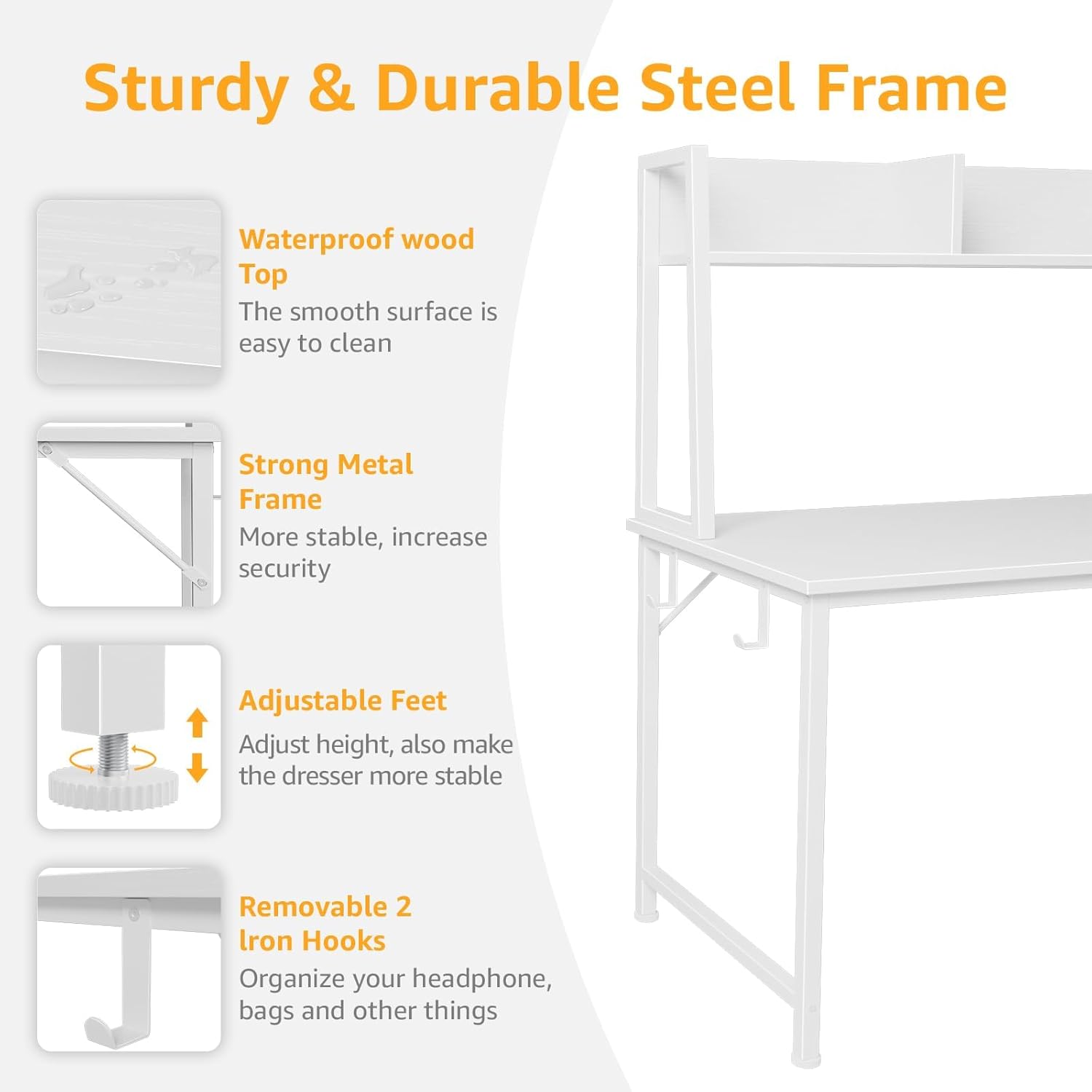 White Computer Desk with Hutch & Drawers - 47 Inch Modern Study Writing Office Desk with 3 Storage Drawers and Power