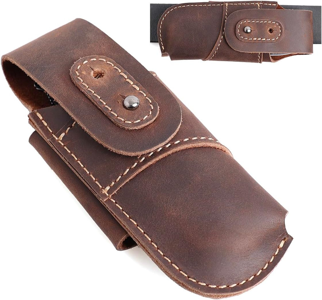 Leather Pocket Knife Sheath - Belt Loop EDC Belt Organizer - Horizontal Carry Knife Holder- Multitool Sheath with Two