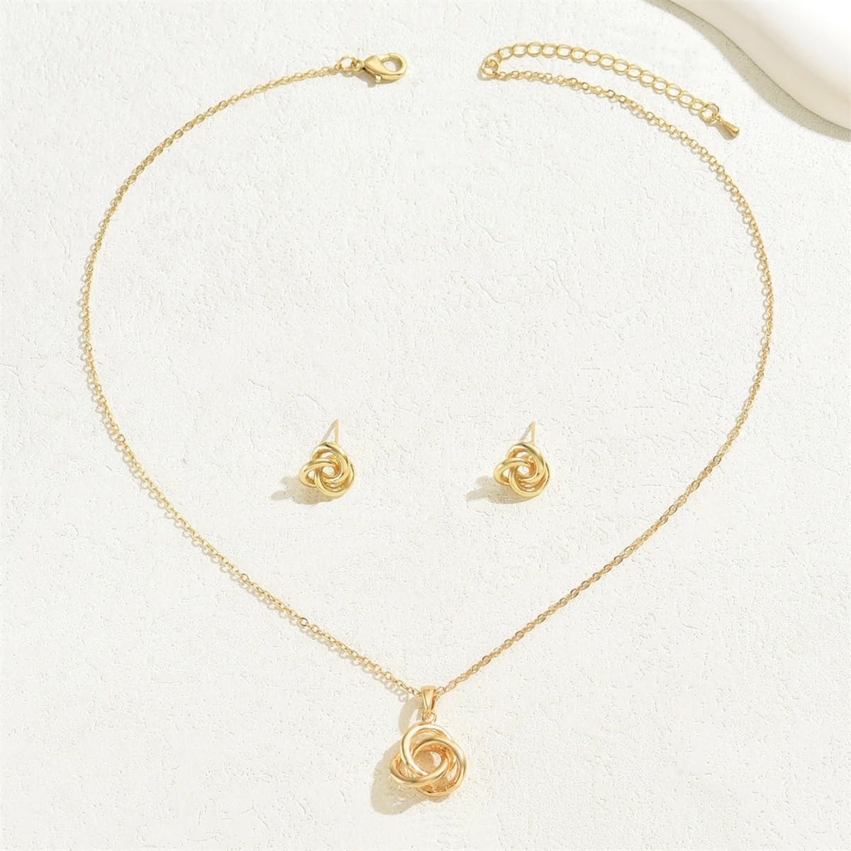 Minimalist Love Knot Stud Earrings and Necklace Jewelry Set for Women Gold-Toned Simple Circle Knot Pendant Necklaces