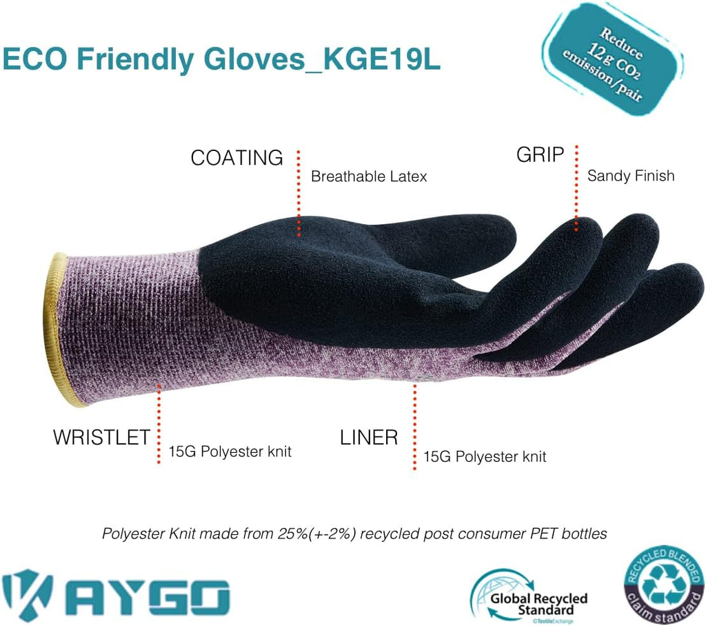 Work Gloves for Women, Eco Friendly Safety Work Gloves with Breathable Rubber Coated, KGE19L,3 Pairs