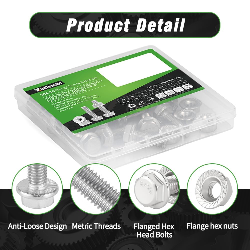 M5x16mm Flange Hex Bolts and Nuts Kit, 304 SS Metric Screws 20 Pack
