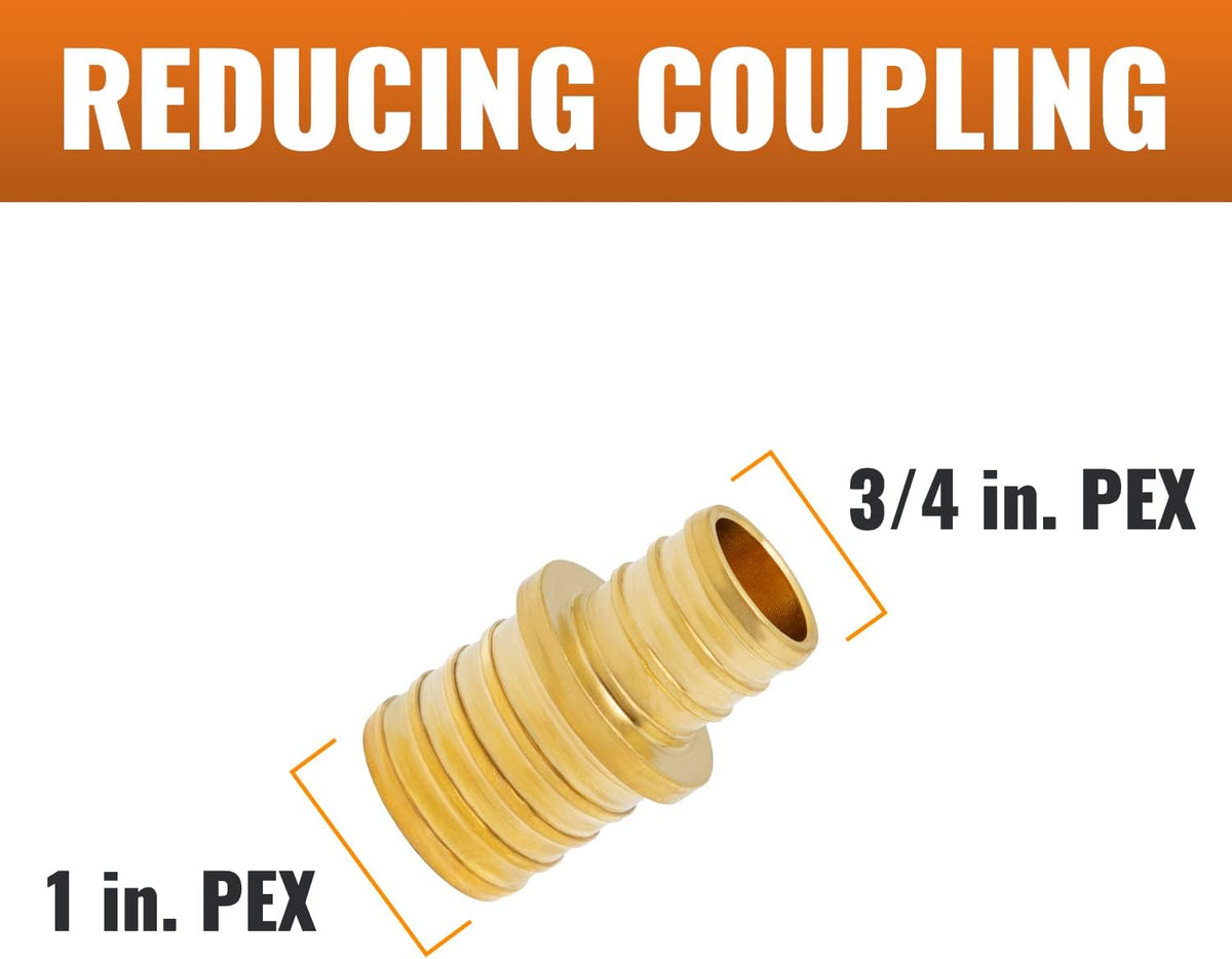 SUNGATOR 6-Pack 1" x 3/4" PEX Reducing Coupling, Brass Crimp Fitting