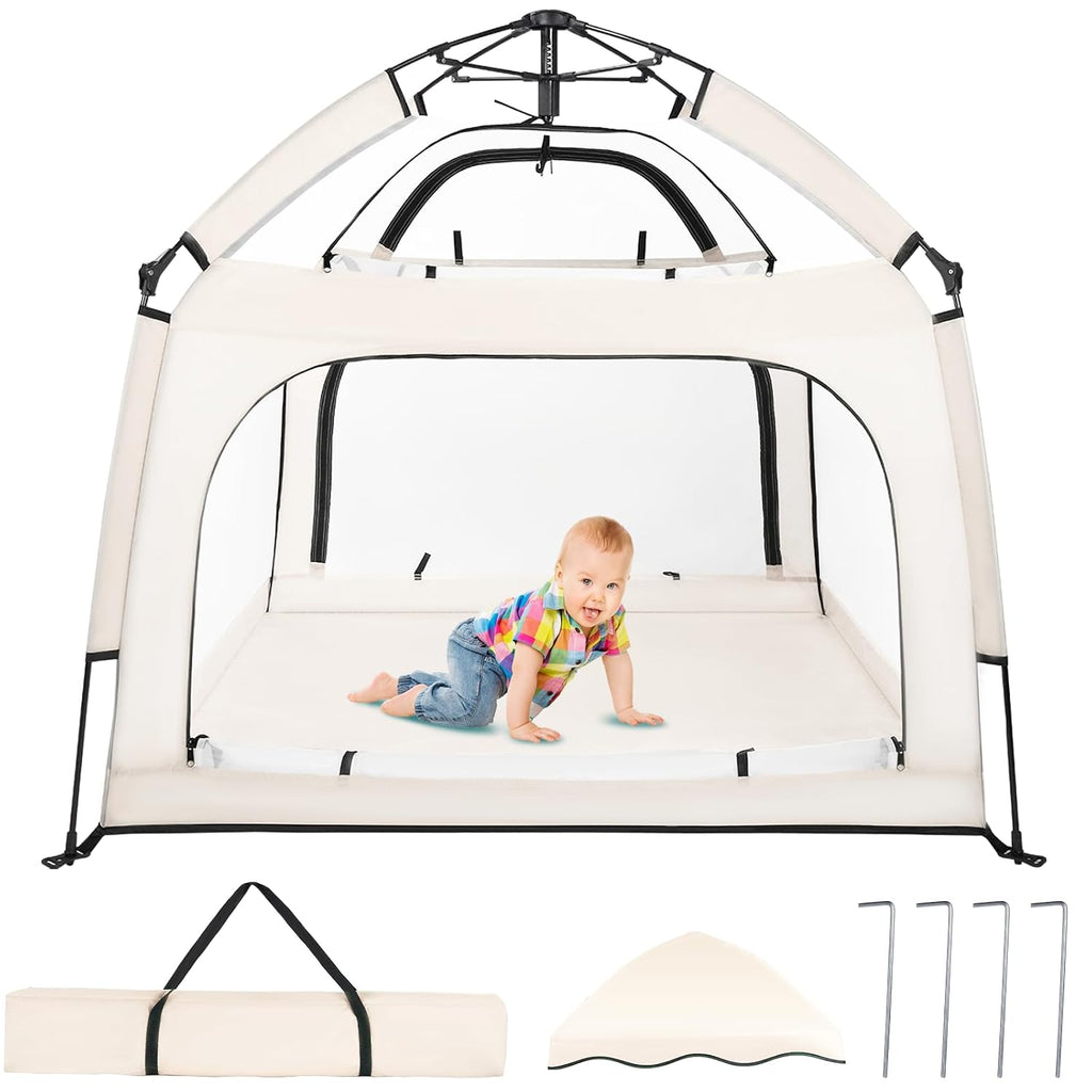 Baby Playpen with Canopy, Square Toddler Beach Tent (Beige) | Portable Infant Play Yard, Mosquito Net, Indoor and