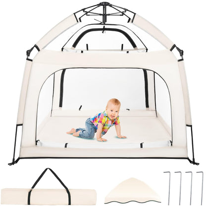 Baby Playpen with Canopy, Square Toddler Beach Tent (Beige) | Portable Infant Play Yard, Mosquito Net, Indoor and