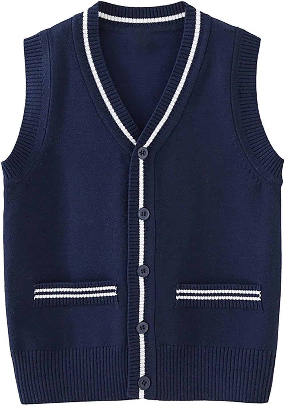 Kids School Uniform Sweater Vest V Neck Sleeveless Knit Cardigan Boys Back to School Button Knitted Tops with Pockets