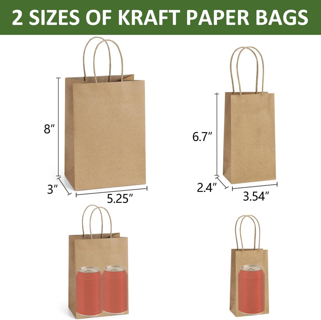 200 Pack Kraft Paper Gift Bags with Handles Assorted Sizes Brown