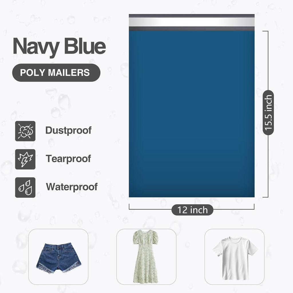 Poly Mailers 12x15.5 Inch Navy Blue 100 Pack Medium Shipping Bags #5 Strong Thick Mailing Envelopes Self Sealing