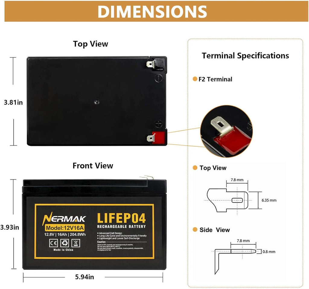 12V 16Ah Lithium LiFePO4 Deep Cycle Battery, 2000+ Cycles Lithium Iron Phosphate Rechargeable Battery for Solar/Wind
