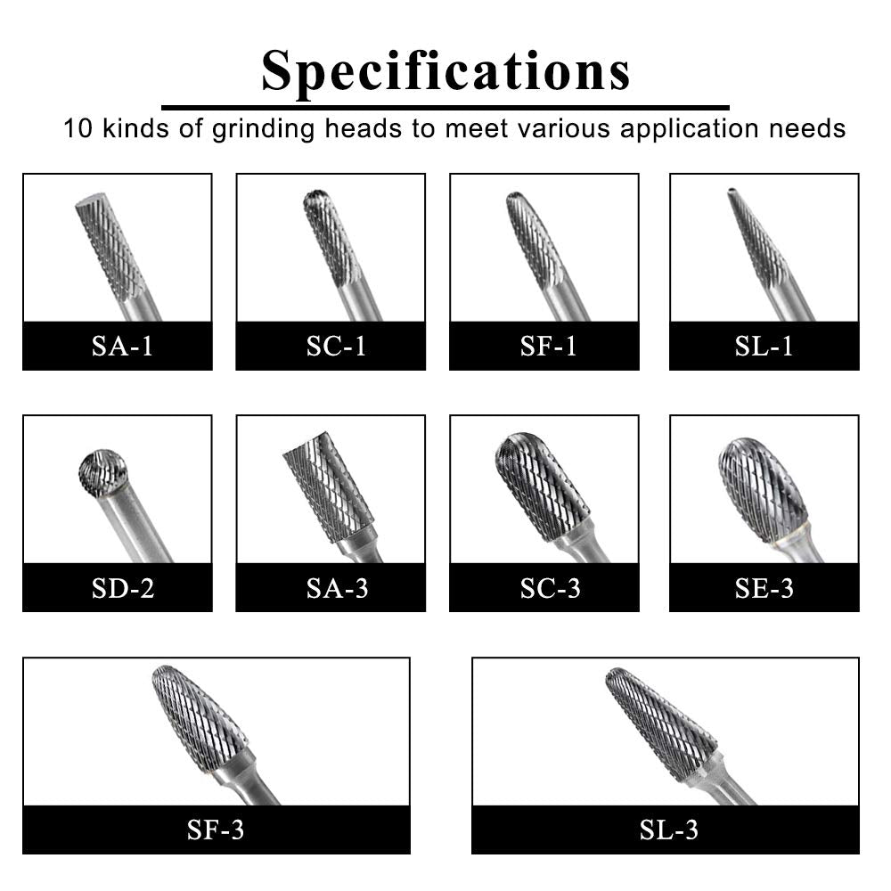 1/4" Shank 10pcs Double Cut Solid Carbide Rotary Burr Set