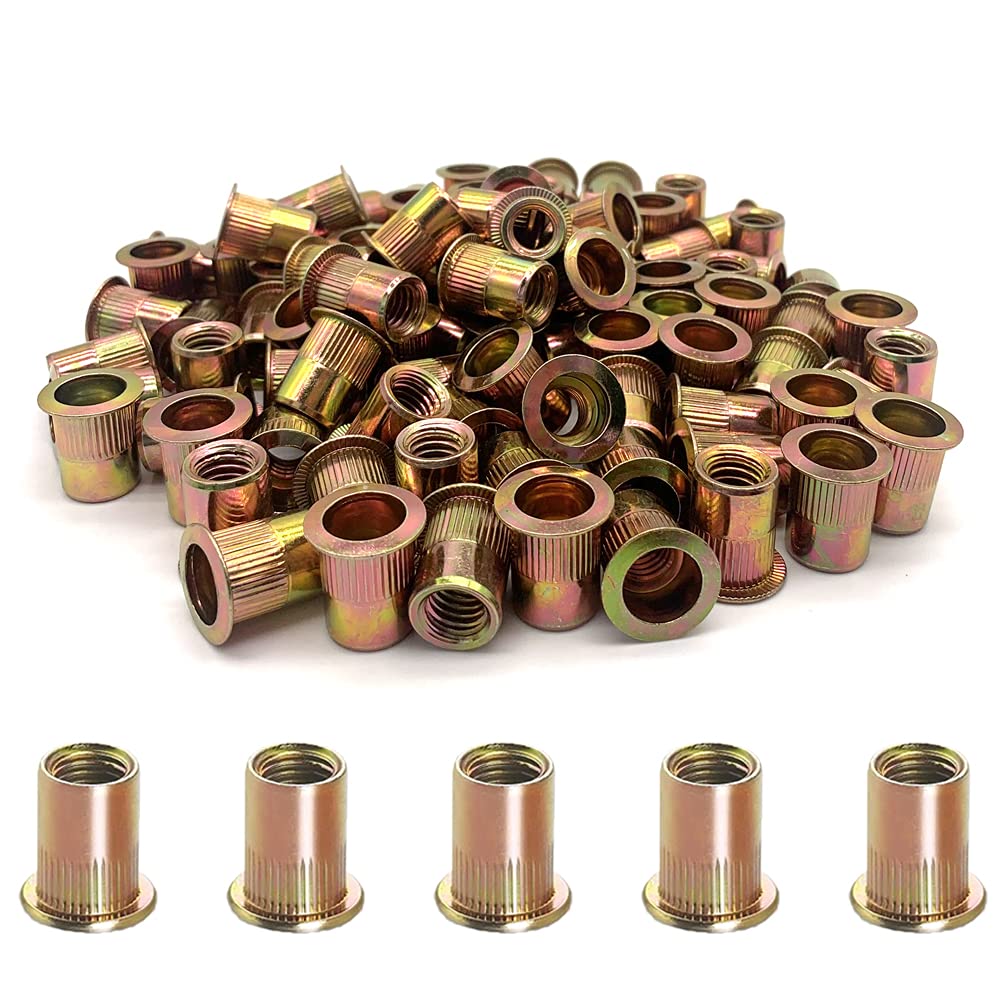 100PCS-Rivet Nuts,#10-24Carbon Steel UNC Rivet Nut Assortment Kit, Flat Head Threaded Insert Nutserts Assort(#10-24)