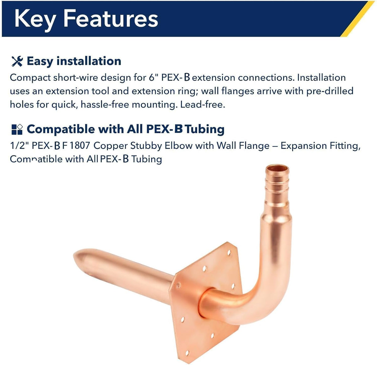 F1807 1/2" Stub Out Elbow for Pex B, 6" Length, Copper,2pcs