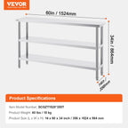 Stainless Steel Food Prep Table, 14 x 60 x 34 Inch Commercial Kitchen Worktable, with 2 Adjustable Undershelf, Heavy