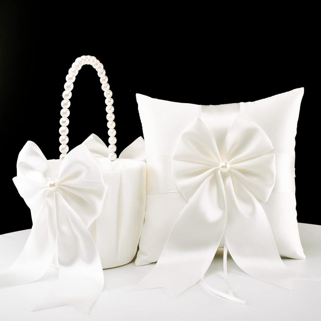 Flower Girl Baskets and Ring Bearer Pillow Set, Ivory Basket and Pillow